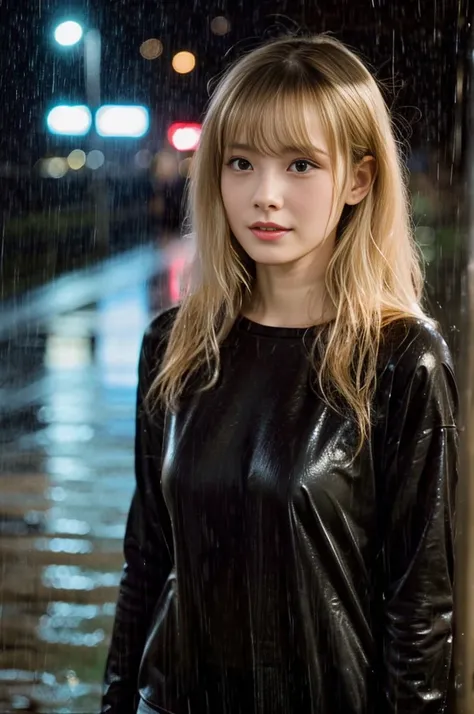 24year old beautiful girl、Half-Japanese beauty、Highest image quality、realistic、16K、beautiful woman、long hair、Blonde、blondes、With bangs、Pretty slim、heavy rain、While walking through the Beach in the rain、wet from heavy rain、In the middle of Shibuya、Larger br...