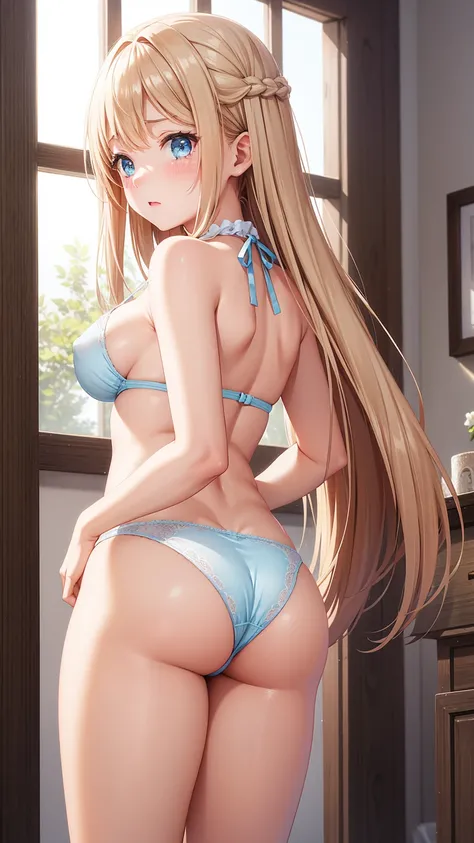 One Girl, Natural light, masterpiece, Very detailed, shape, Game CG, Absurd, high quality, Beautiful attention to detail, Glossy Lips, Natural light, Medium Chest, Claudia Walents, Light blue panties, Looking back at the audience, blush、humiliation、impatie...