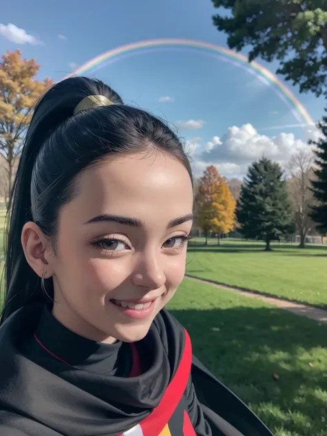 In the wires, black hair, black eyes, ponytail, Rainbow cape, puffy sleeves, looking at viewer,smiling, close up portrait, outside, Grass, trees,park, winter, blue sky, high quality, masterpiece, 