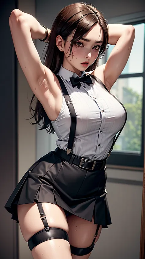 black skirt, 　suspenders, brown hair grey eyes, garters on legs, tight clothing, 　　 belt　armpit sweating　　poker face　medium brea...