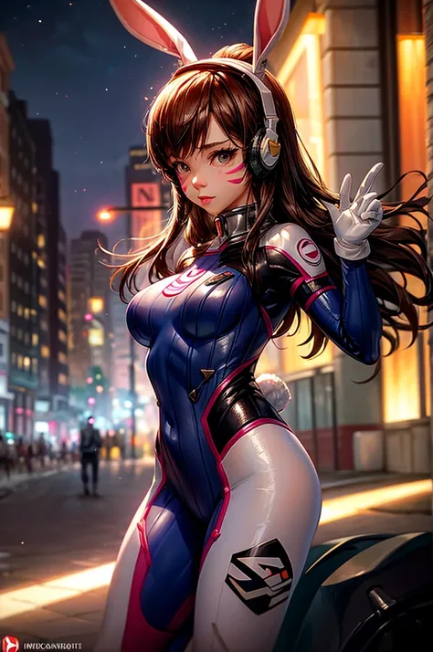 1girll, (D.va (Overwatch):0.8), Solo, Long hair, whisker markings, tightsuit, Brown hair, face markings, mitts, Breasts, Brown eyes, pilotsuit, Earphone, White gloves, Medium breasts, sweeping bangs, skin tight, bangs, Bunny suit, latex bunny suit, shiny, ...