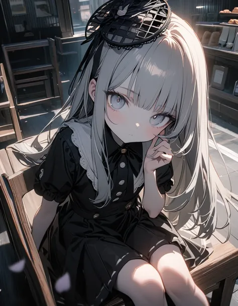 (8K, best quality, master piece: 1.2),super high resolution,1 girl,solo,16yo,ultra-detailed face,detailed eyes,silver eyes,blunt bangs,silver hair,Straight hair,Long hair,pale skin,white short sleeve petal collar blouse,black tiered skirt,(black Fascinator...