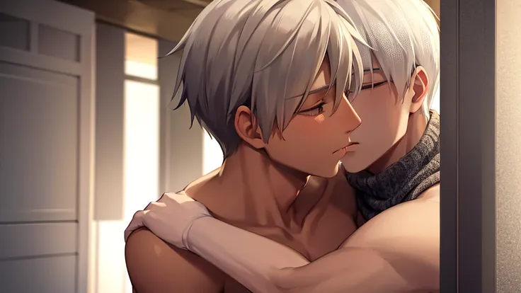 Tall man, tabby, White hair, wearing no shirt, kissing another man