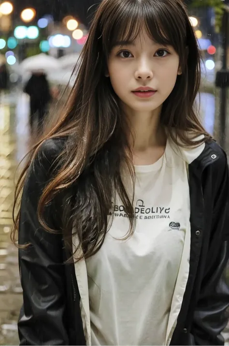 24year old beautiful girl、Half-Japanese beauty、Highest image quality、realistic、16K、beautiful woman、long hair、With bangs、Pretty slim、heavy rain、While walking through the Beach in the rain、wet from heavy rain、In the middle of Shibuya、大きめの胸、黒のＴシャツ、レギンス、雨で濡れて、...