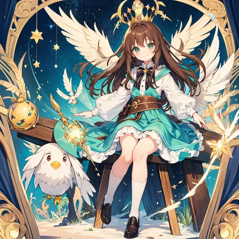 kawaii, anime, Cute, hyper quality, highly detailed, 16k, Front facing, Clarity, full body, smile, one girl and one bird, long brown hair, green eyes, alice in wonderland, throne, Fantastic, cross your legs, crown, crystal, brown bird familiar, magic effec...