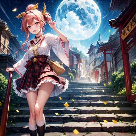 Pink, red, brown, gold, gold hair、Red gold eyes、Hair tied up、One good looking girl、solo、anime、Checkered mini skirt、Ruffles on the skirt、Checked dress、blouse、Kimono、Black knee-high socks、Ribbon、Ribbon on waist、Teeth are visible、Sparkly Necklace、From above、C...