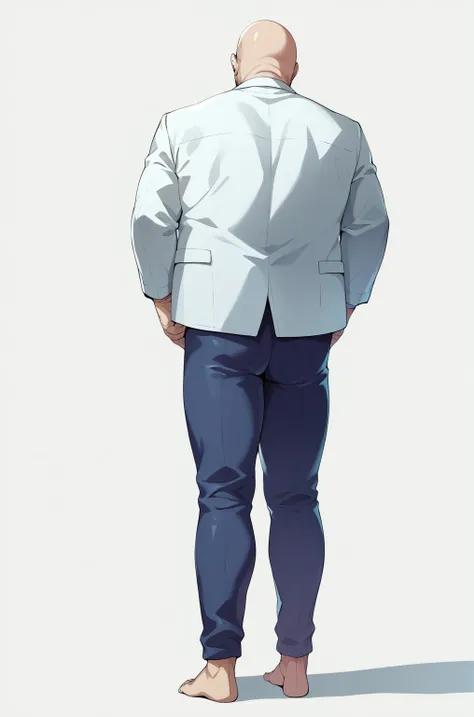 Diagonal angle from behind、A bald man in a white coat、solo、Ultra-detailed illustrations、Ultra-precise expression、masterpiece、Highest quality、ultra High resolution、High resolution、Hiromitsu Takeda Style、White background、Simple Background、whole body、barefoot...