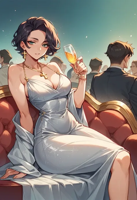 rich beautiful woman, silver dress, gold earrings, gold cross necklace, 20 years old, tall, short black hair, drinking glass in hand, at the prom party, sitting