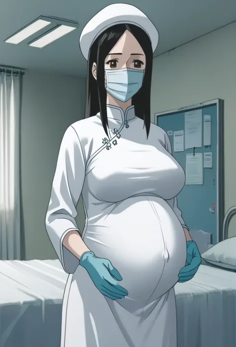 score_9,  score_8_up, score_7_up, source_anime, raw image, masterpiece, highest quality, natural light, patient room background, kasuganoray, good shape, pale skin, shy eyes, big breasts, scrubs, surgical mask, bouffant cap, long sleeve cheongsam dress, na...