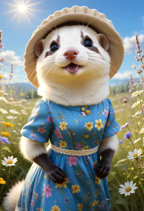 "Create an adorable digital painting of a ferret with sleek fur. The ferret is wearing a small floral dress and a bonnet, playing in a meadow filled with blooming wildflowers. The sun is shining brightly, and the sky is a clear blue. Render the image in 3D...