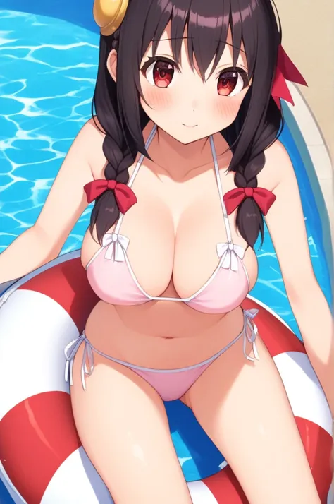 alone, One girl、Crown braids in the same color as your hair, hair ornaments, Hair Ribbon, (White and pink bikini),Red Eyes、Black Hair、(casually looking up:1.2)、(blush)、C cup breasts、Pool、(Riding on a lifebuoy)