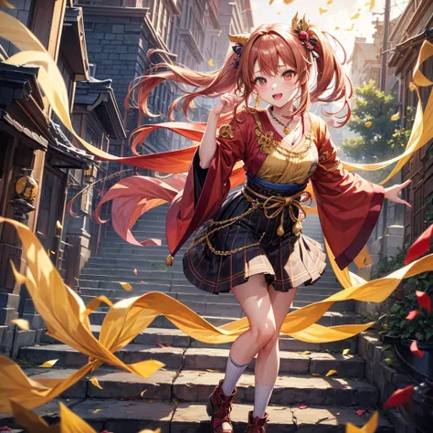 Pink, red, brown, gold, gold hair、Red gold eyes、Hair tied up、One good looking girl、solo、anime、Checkered mini skirt、Ruffles on the skirt、Checked dress、blouse、Kimono、Black knee-high socks、Ribbon、Ribbon on waist、Teeth are visible、Sparkly Necklace、From above、C...