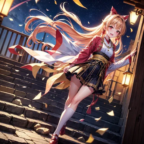 Pink, red, brown, gold, gold hair、Red gold eyes、Hair tied up、One good looking girl、solo、anime、Checkered mini skirt、Ruffles on the skirt、Checked dress、blouse、Kimono、Black knee-high socks、Ribbon、Ribbon on waist、Teeth are visible、Sparkly Necklace、From above、C...