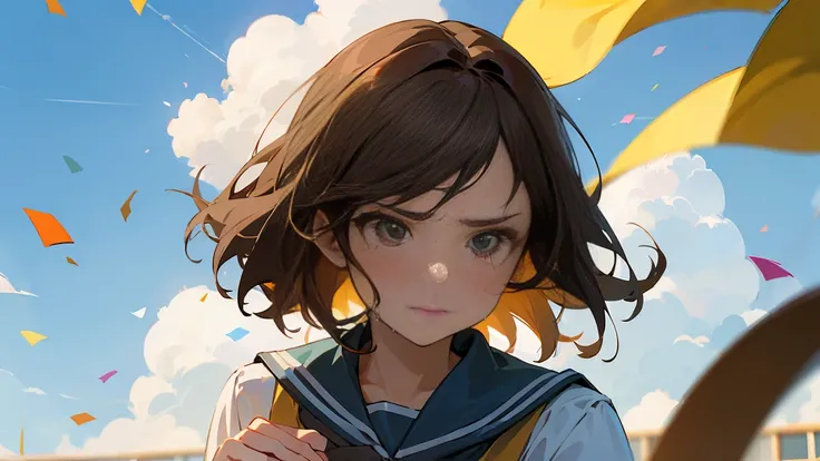 ((Highest quality)), ((masterpiece)), ((Very detailed)),Girl Looking Down,Angry expression，Confetti，Brown Hair,Blue sky and clouds,tears,profile,student,School building