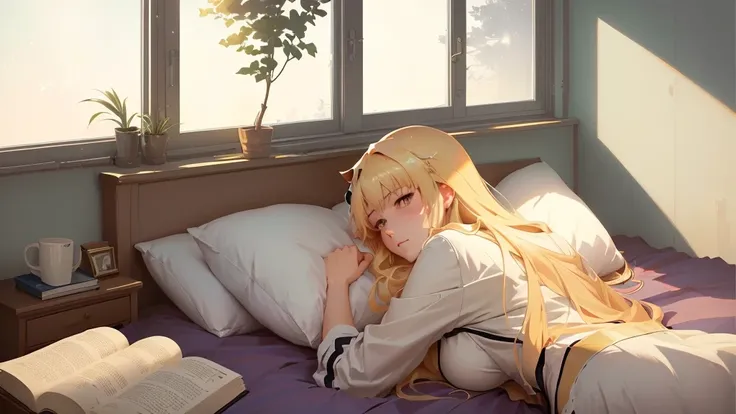 There is a woman, lying on a bed with a book, artwork in the style of Guweiz, wake up, by Girlsfrontline, Guweiz, Anime-Series. soft lighting, lying on the bed, blonde Anime-Series girl with long hair, painted in Anime-Series painter studio, ( ( Makoto Shi...