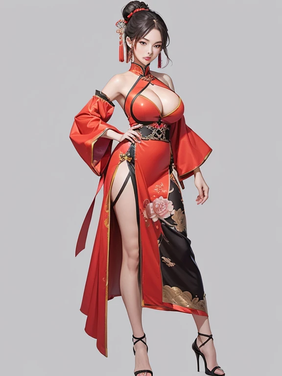  (((Full and soft breasts,)))(((Huge breasts))) (((Cleavage))) (Perfect curvy figure),Costumes，Chinese Tang Dynasty Women，permanent，Show your shoulders，Show your arms，Show your legs，High Heels Bun，whole body，Blank Background