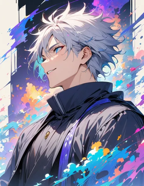 Intricate details,Wide range of colors,artwork,rendering,(masterpiece:1.3),(Highest quality:1.4),(Very detailedな:1.5),High resolution,Very detailed,8K,(1 male,Gojo Satoru,JUJUTSU KAİSEN,Gray Hair)Gojo Satoru,Young people,Be confident々smile,Beautiful Blue E...