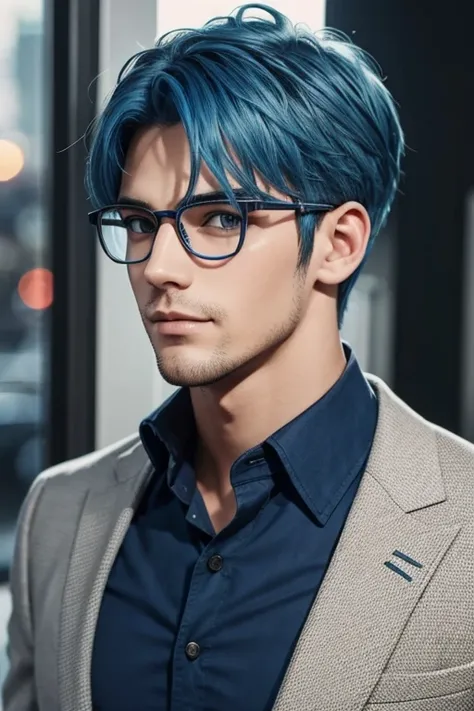 A Handsome Guy with blue hair and glasses 