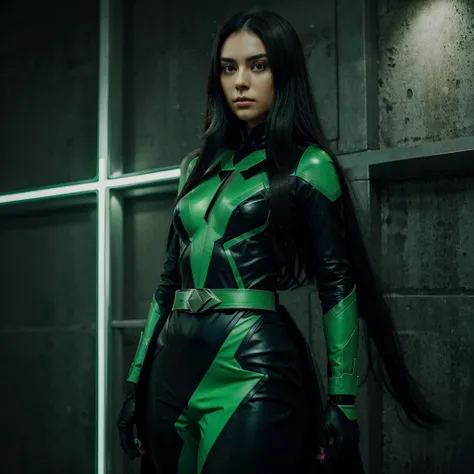 Girl super, black long hair, hero with black exagon texture colan suit with green lines on it, like saphire star with green lines, and a green stone on her chest near clavicula. And belt with green lines and couro