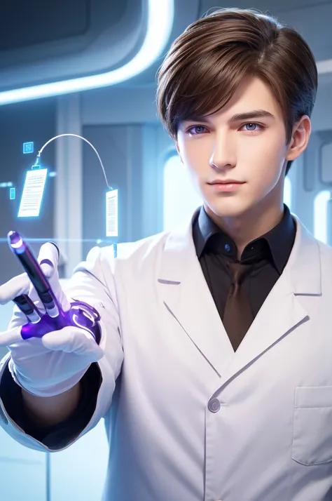 handsome young man
handsome man
White with brown hair
Purple eyes
Cyber Systems Laboratory
Researcher
white coat
Thinking with pen in right hand and material in left hand
Illustration
