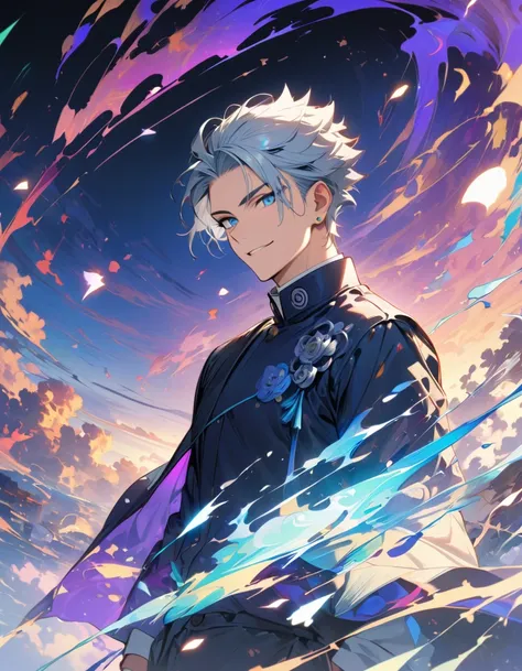 Intricate details,Wide range of colors,artwork,rendering,(masterpiece:1.3),(Highest quality:1.4),(Very detailedな:1.5),High resolution,Very detailed,8K,(1 male,Gojo Satoru,JUJUTSU KAİSEN,Gray Hair)Gojo Satoru,Young people,Be confident々smile,Beautiful Blue E...