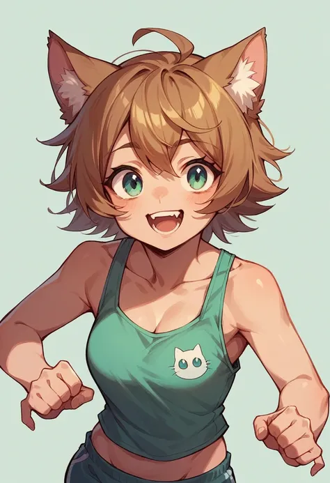 A cute girl like a cat is running and smiling in a tank top