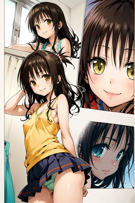 yuuki mikan,yellow tank top, miniskirt, smile,, (best quality:1.3),1girl,my room,camisole,miniskirt,panties,nsfw,cowboy shot