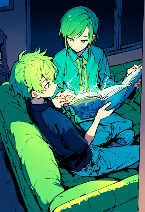 2 boys, 16 years, green hair, sitting on the couch, reading, in room