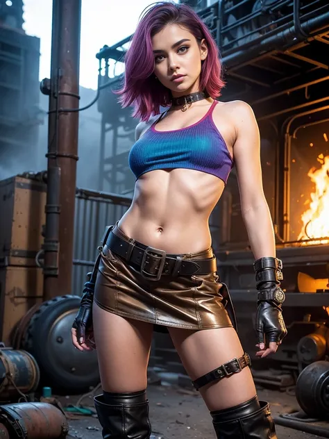 19-years old, vibrant, rainbow colours, croptop, underboob, short skirt, full body shot, engineer, steampunk, boots, seductive, apocalyptic setting, belts and buckles, asymmetric, small breasts
