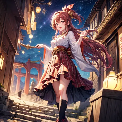 Pink, red, brown, gold, gold hair、Red gold eyes、Hair tied up、One good looking girl、solo、anime、Checkered mini skirt、Ruffles on the skirt、Checked dress、blouse、Kimono、Black knee-high socks、Ribbon、Ribbon on waist、Teeth are visible、Sparkly Necklace、From above、C...