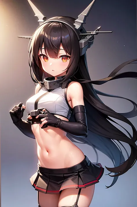 hyper detailed, perfect anatomy, best quality, extremely delicate, extremely detailed, cool,1 girl, Nagato(kancolle), long hair, headgear, dark hair, hairband, collar, bare shoulders, crop top, elbow gloves, fingerless gloves, black gloves, midriff, pleate...