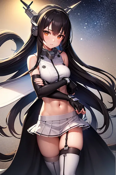 hyper detailed, perfect anatomy, best quality, extremely delicate, extremely detailed, cool,1 girl, Nagato(kancolle), long hair, headgear, dark hair, hairband, collar, bare shoulders, crop top, elbow gloves, fingerless gloves, black gloves, midriff, pleate...