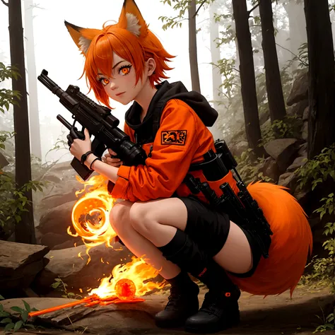 One girl, Short, messy hair with orange flames, Bright orange flaming hair, light orange oversized fox Foodie, fox Foodie, Foodie, Bright orange flame tail、Black gloves, Possession of a gun, In the Forest, Scouting, Orange eyes, Enthusiastic, Severe, Have ...