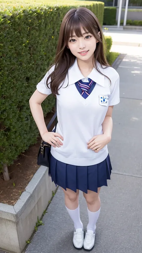 Full body angle, ((school uniform)), one woman, 30 years old, large blests, Japanese, Shiraishi Mai, Nishino Nanase, Kitagawa Keiko, married woman, beautiful woman, pretty face, cute face, refreshing and natural smile