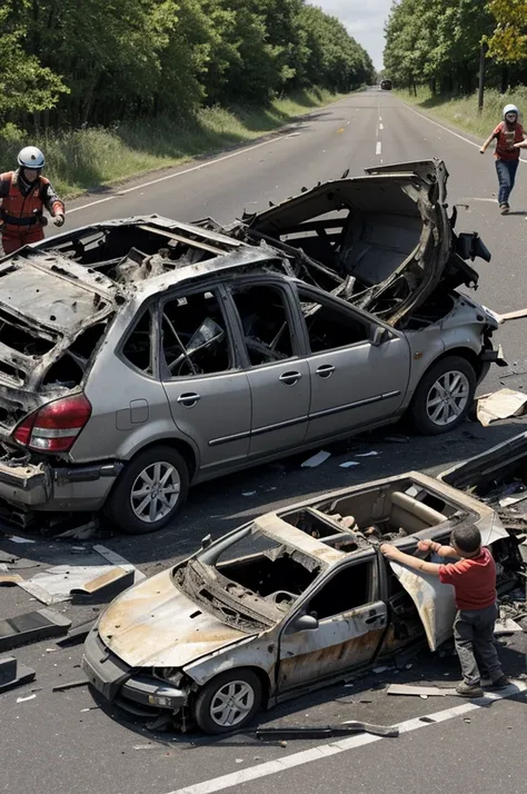 A car crash scene with a family escaping from the wreckage.