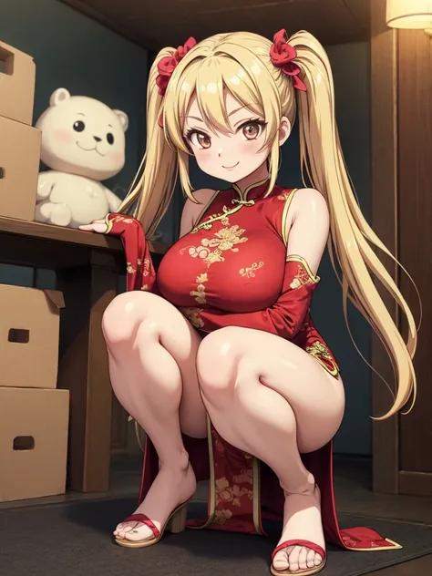 Anime-style illustrations、1 Girl、Blonde、Twin tails, hair ornaments、Squat、China dress,  smile、Thighs、