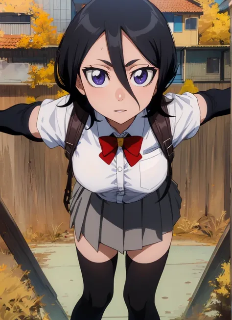 ((best quality)), ((highly detailed)), masterpiece, , (1girl), Perspective distortion, cowboy shot, ((wide shot)), Rukia, black hair, short hair, hair between eyes, purple eyes,  , white collared shirt, red bowtie, grey pleated skirt, socks, shoes, (outsid...