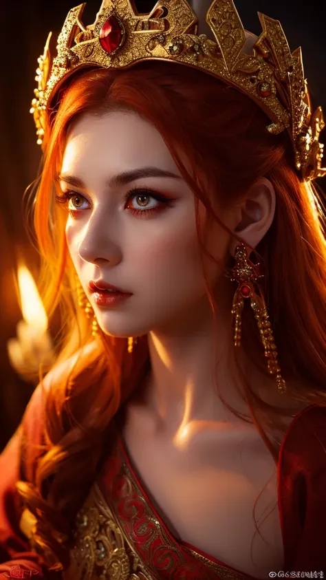 a powerful goddess of anger, beautiful detailed eyes, beautiful detailed lips, extremely detailed face, long eyelashes, flowing red hair, intricate golden crown, flowing red robe, intense glowing red eyes, powerful aura, dramatic lighting, cinematic compos...