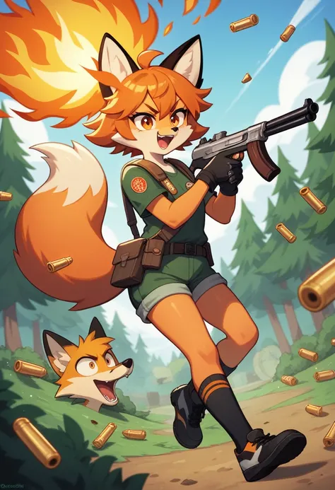 One girl, Short, messy hair with orange flames, Bright orange flaming hair, light orange oversized fox Foodie, fox Foodie, Foodie, Bright orange flame tail、Black gloves, Possession of a gun, In the Forest, Scouting, Orange eyes, Enthusiastic, Severe, Have ...