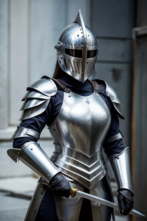 female knight, silver armor, full suit of armor, helmet, wielding greatsword