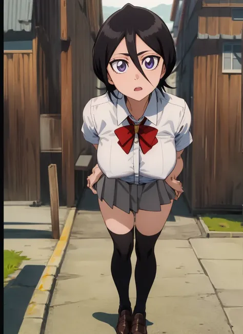 ((best quality)), ((highly detailed)), masterpiece, , (1girl), Perspective distortion, cowboy shot, ((wide shot)), Rukia, black hair, short hair, hair between eyes, purple eyes,  , white collared shirt, red bowtie, grey pleated skirt, socks, shoes, (outsid...