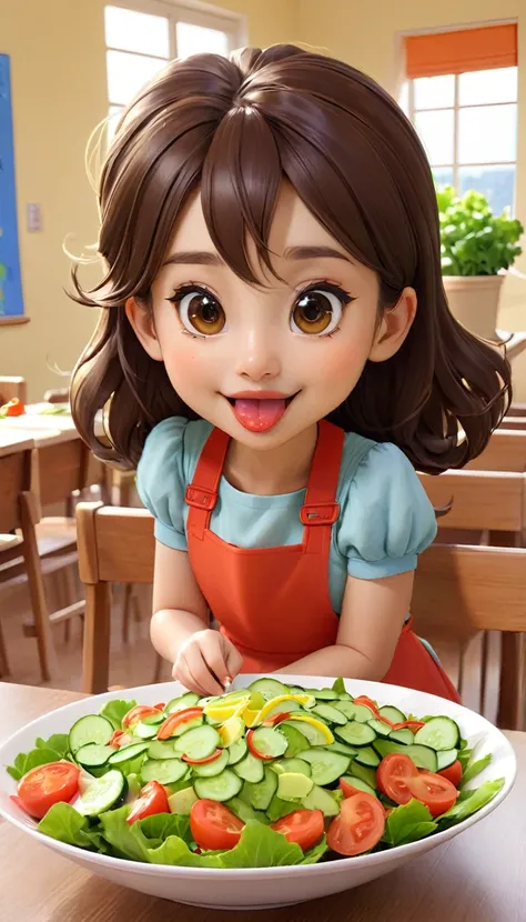 cute的小女孩，cute，Brown hair，Vegetable salad，bright，high quality，Today we made a yummy vegetable salad in school. We washed lettuce, tomatoes, cucumbers, and carrots. Then we chopped them up and mixed them in a bowl. We made a dressing with lemon juice, olive ...