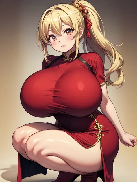 Anime-style illustrations、1 Girl、Blonde、ponytail, hair ornaments、Squat、China dress,  smile、Thighs、Very big 