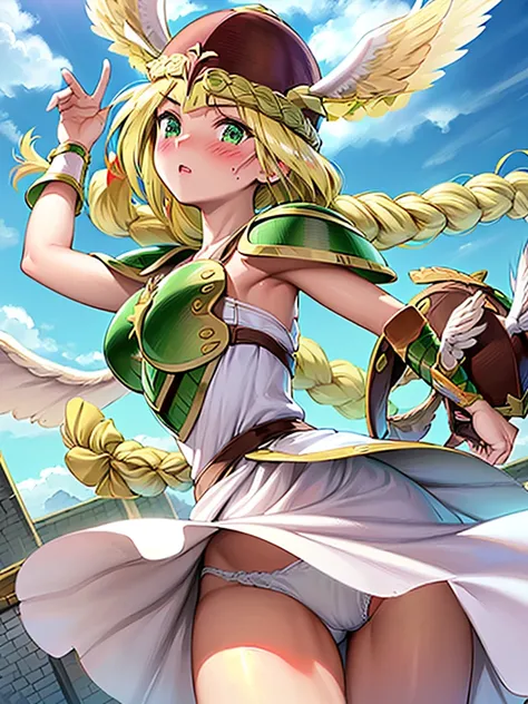 masterpiece,best quality, 1girl, 18yo, beautiful girl,BREAK,(Armor:1.8),(Helmet with wings:1.7),(Beautiful blonde,braid,Green Eyes:1.5),BREAK,(White Dress,white panties:1.4),(She lifts her skirt to show her panties:1.4),BREAK,(blush:1.5), (blue sky:1.2),(R...