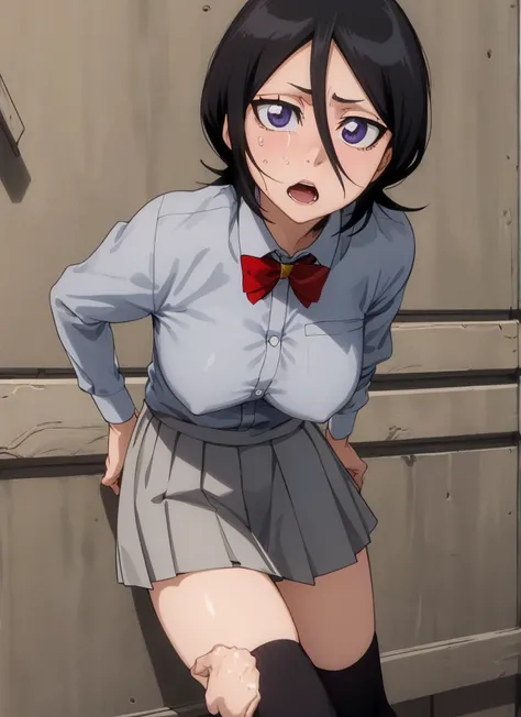 ((best quality)), ((highly detailed)), masterpiece, , (1girl), Perspective distortion, cowboy shot, ((wide shot)), Rukia, black hair, short hair, hair between eyes, purple eyes,  , white collared shirt, red bowtie, grey pleated skirt, socks, shoes, (outsid...