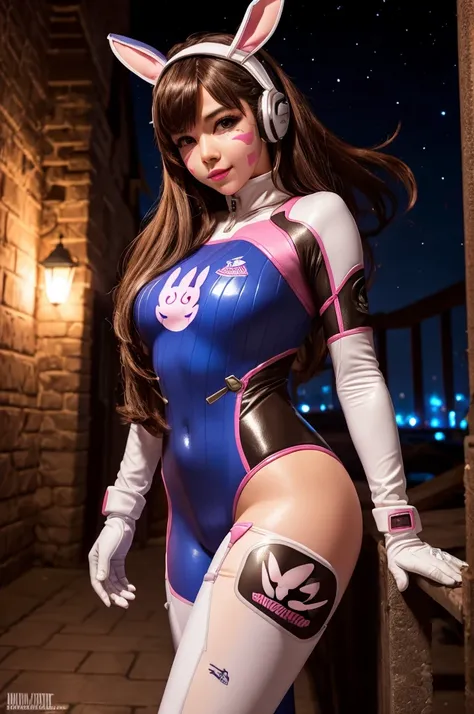 1girll, (D.va (Overwatch):0.8), Solo, Long hair, whisker markings, tightsuit, Brown hair, face markings, mitts, Breasts, Brown eyes, pilotsuit, Earphone, White gloves, Medium breasts, sweeping bangs, skin tight, bangs, Bunny suit, latex bunny suit, shiny, ...