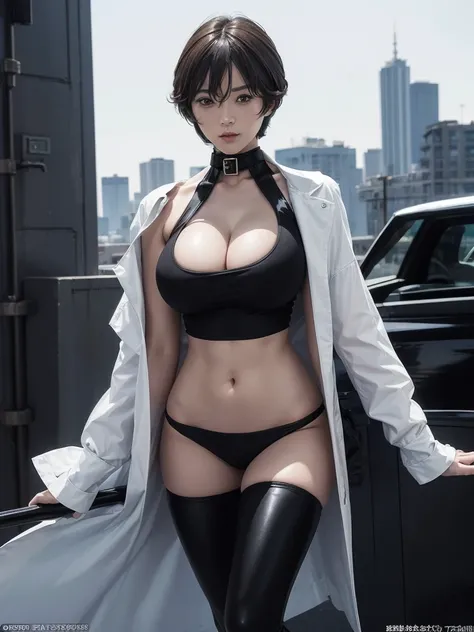 Very short hair, (masterpiece、Highest quality、Official Art), View from the front, Looking at the audience:1.5, topless, small top, White jacket:1.2, Black long boots, Black shorts, (Black bondage suit:1.2), Black collar, Black choker, Glowing Skin, Realist...