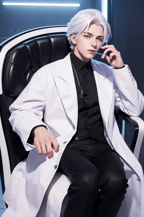 handsome young man
handsome man
White hair
Purple eyes
Cyber lab
Dark future lab
Researcher
White coat
chewing a pen
Thinking
illustration
cartoon style
sitting
Luxurious black chair