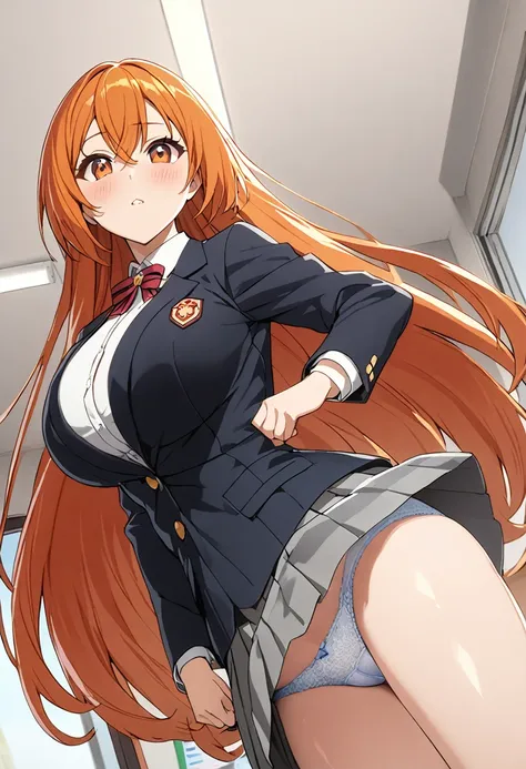 1 Girl, (alone:1.2), 背のexpensive女の子, Long Orange Hair, Straight hair ,Orange eyes, (expensive school student), (17 years old), (Ample breasts), (texpensives), ((Stretch your legs and show your butt)))、((Shiny underwear)))、Uniform Blazer、Beautiful beauty、Lo...