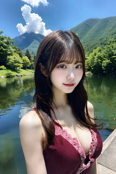 (masterpiece)), ((best quality)), (ultra-detailed), ((kawaii)), cute, (lovely), ((sexy)), (ero), ((extremely detailed)), 4K, (8K), nsfw,  A young Japanese idol, topless, standing by the edge of a serene lake. She is covering her chest with her arms, with c...